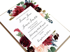 Burgundy, Navy & Blush Floral Wedding Invitations, Floral Frame, Burgundy Navy Invite, Rustic Floral, Blush Wedding Invite, Boho Floral Wedding Invite, 10 Pack