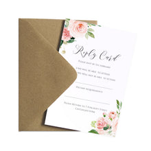 Blush and Gold RSVP Cards, Pink Watercolour flowers, Blush Wedding, 10 Pack