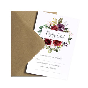 Red and Gold RSVP Cards, Ruby Red, Burgundy, Blush, Red Floral, 10 Pack