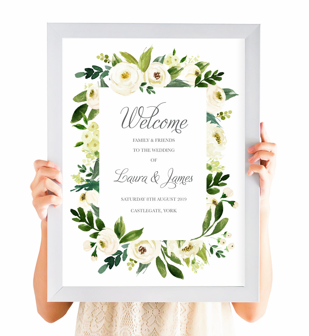 White Wedding Welcome Sign, White Floral Watercolour, White Peony, White Rose Invites, Botanical Wedding