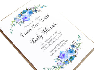 Watercolour Flower Baby Shower Invitations, Blue Floral, Blue Baby Shower, Blue Flowers, 10 Pack