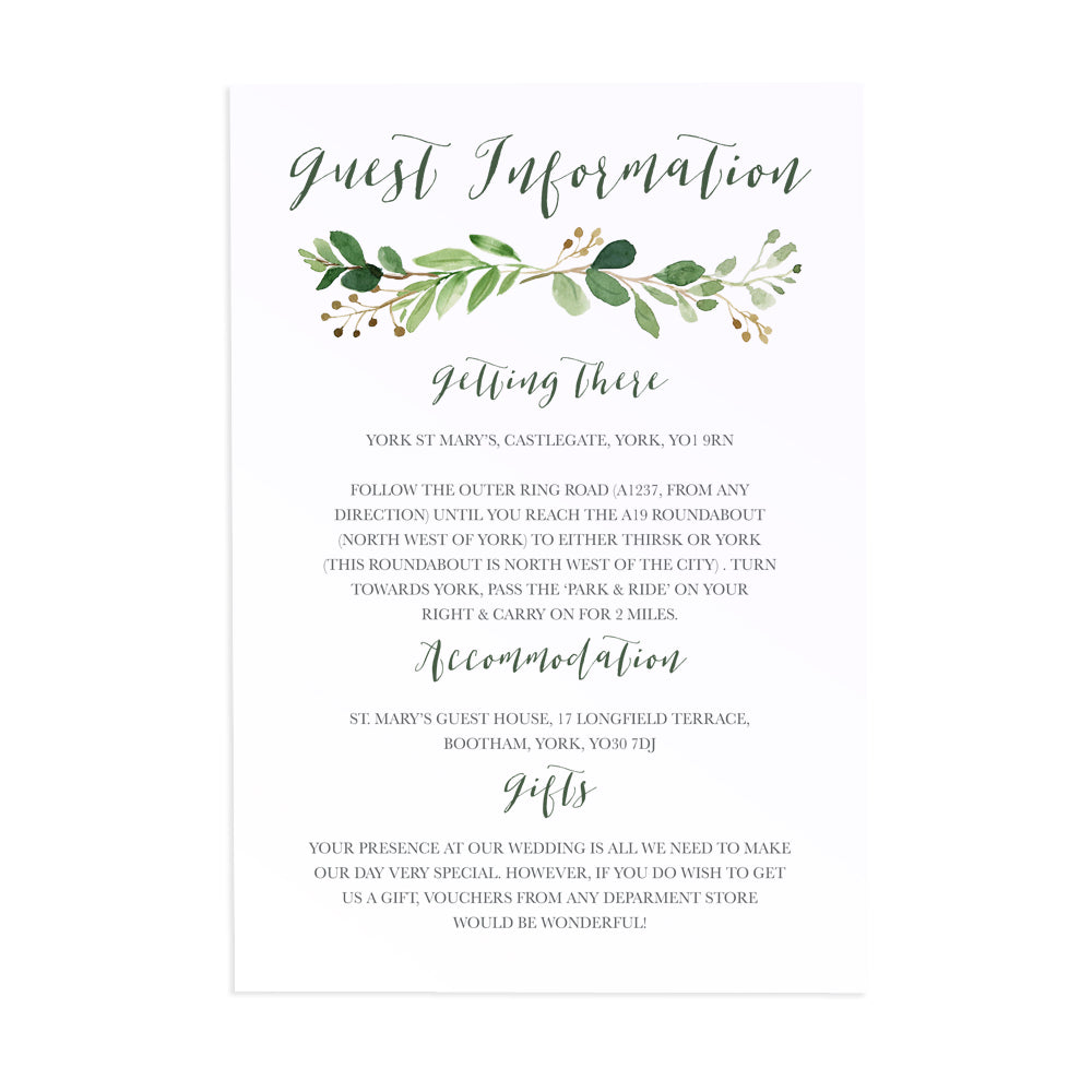 Green Leaf Guest Information Cards, Detail Cards, Watercolour Foliage, Greenery, Eucalyptus Invites, Green Wreath, Botanical Wedding, 10 Pack