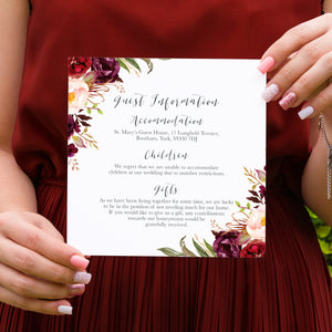 Boho Red Rose Guest Information Cards, Detail Cards, Square, Burgundy Invite, Red Roses, Red Wedding, Boho Floral Wedding, 10 Pack