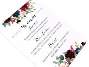 Burgundy, Navy & Blush Floral Wedding Menu, Menu Postcards, Burgundy Navy Invite, Rustic Floral, Blush Wedding Invite, Boho Floral Wedding, 5 Pack