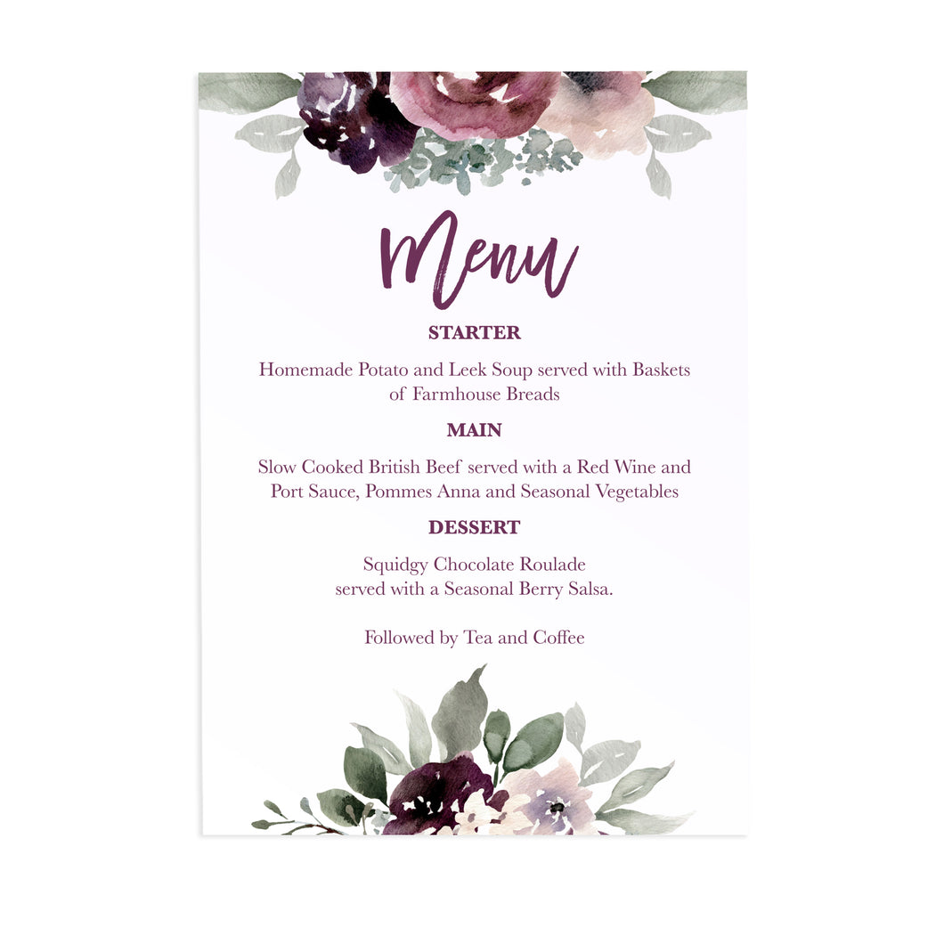 Plum Floral Wedding Menu, Purple Wedding, Lilac, Mauve, Purple and Blush, 5 Pack