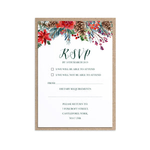 Winter Rose RSVP Cards, Christmas Wedding, Festive Wedding, Holly Wreath, Poinsettia, 10 Pack
