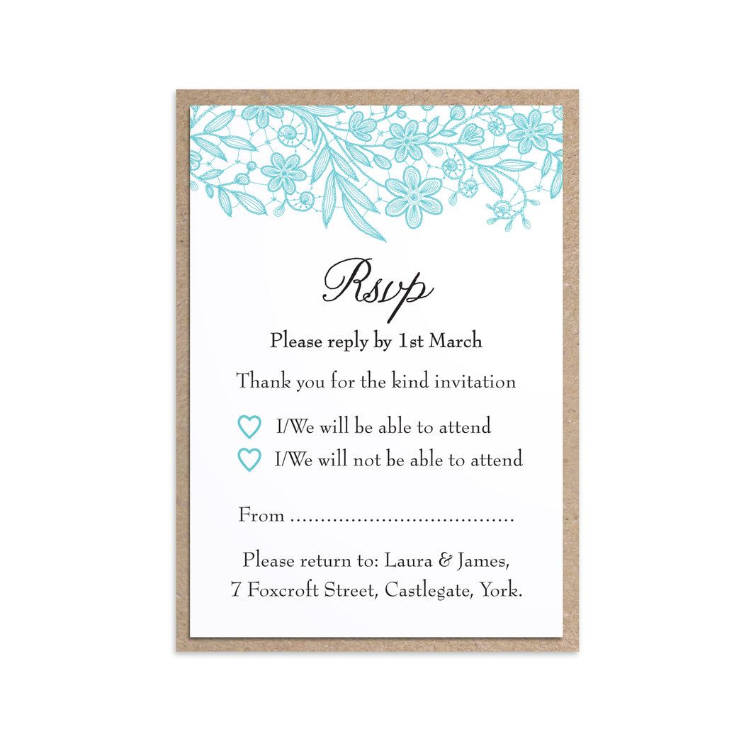 Floral Lace RSVP Cards, Wedding Lace, Lace Invitation, Rustic Wedding Invitation, Floral Wedding Invite, Barn Wedding, 10 Pack