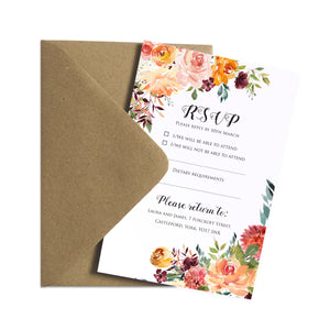 Paprika RSVP Cards, Orange Floral Wedding Invitation, Autumn Wedding, Fall Wedding, 10 Pack