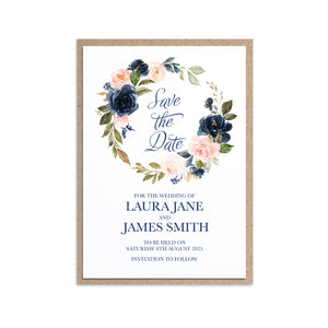 Navy and Blush Save the Date Cards, Navy Floral, Navy Wedding, Watercolour Flowers, 10 Pack