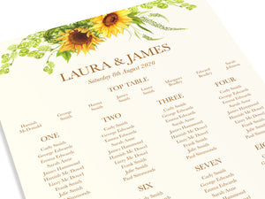 Rustic Sunflower Table Plan, Seating Plan, Rustic Wedding, Country Wedding, Sunflowers, A2 Size
