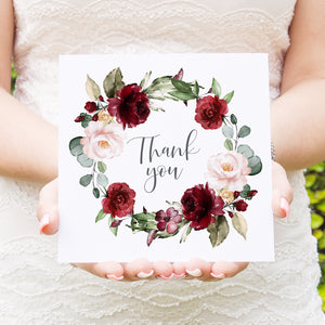 Red and Gold Thank you cards, Ruby Red, Burgundy, Blush, Red Floral, 10 Pack