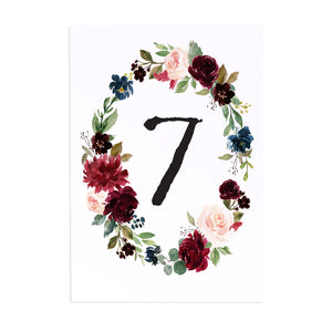 Burgundy, Navy & Blush Floral Table Numbers, Table Names, Burgundy Navy Invite, Rustic Floral, Blush Wedding Invite, Boho Floral Wedding, 5 Pack