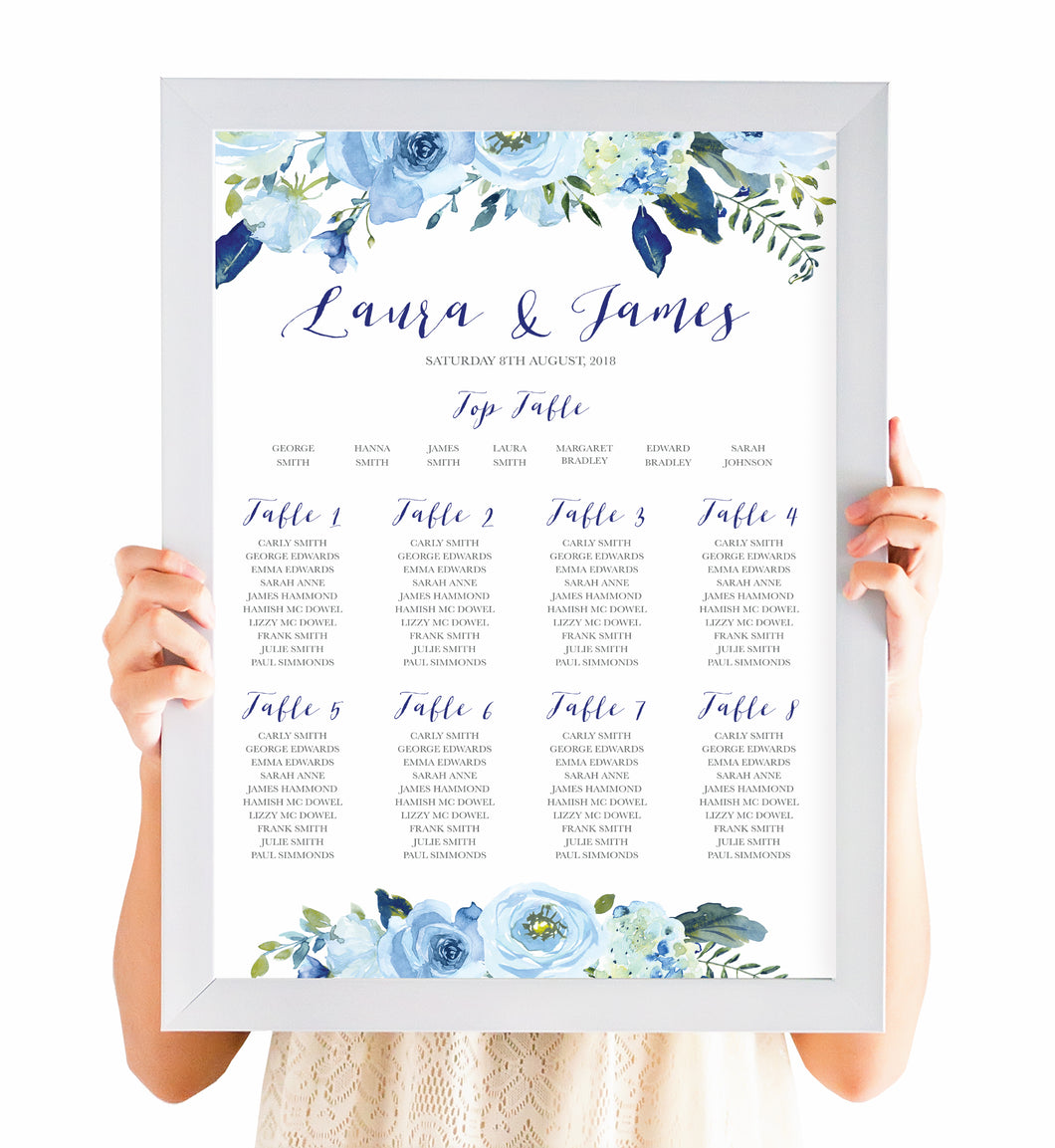 Blue Floral Table Plan, Seating Plan, Blue Watercolour flowers, Baby Blue, Pastel Blue Wedding, A2 Size