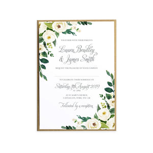 White Wedding Invitations, White Floral Watercolour, White Peony, White Rose Invites, Botanical Wedding, 10 Pack