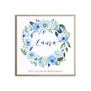 Blue Floral Will you be my Bridesmaid card, Maid of Honour, Blue Watercolour flowers, Baby Blue, Pastel Blue Wedding