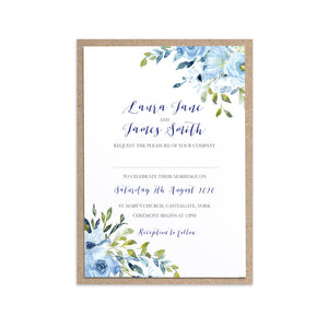 Blue Floral Wedding Invitations, Blue Watercolour flowers, Baby Blue, Pastel Blue Wedding, 10 Pack