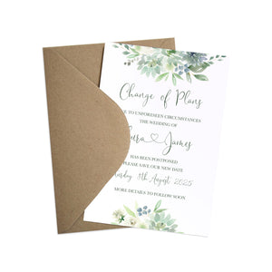 Succulent Floral Change of Plans Cards, Postponed Wedding, Change The Date, Botanical Wedding, Mint Wedding, Eucalyptus, 10 Pack