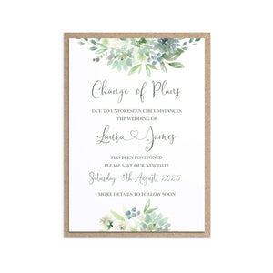 Succulent Floral Change of Plans Cards, Postponed Wedding, Change The Date, Botanical Wedding, Mint Wedding, Eucalyptus, 10 Pack