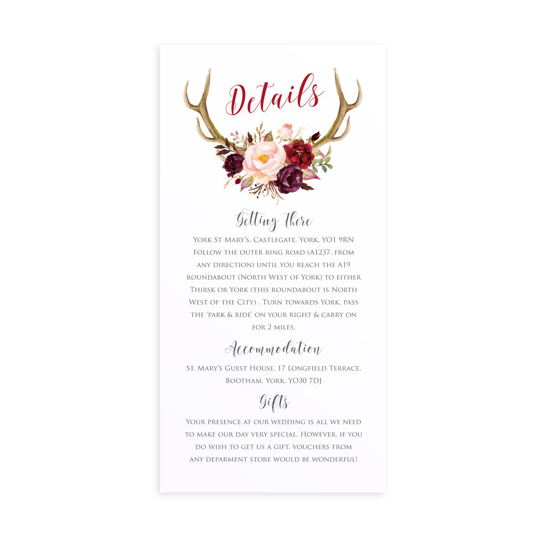Boho Floral Antler Guest Information Cards, Detail Cards, Rustic Wedding Invitation, Floral Wedding Invitation, Red Rose, Rustic Country, 10 Pack