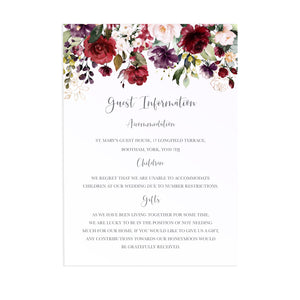 Red and Gold Guest Information Cards, Detail Cards, Ruby Red, Burgundy, Blush, Red Floral, 10 Pack