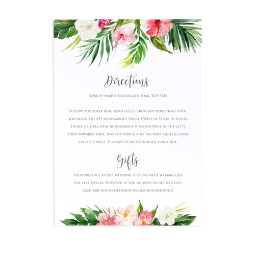 Tropical Floral Guest Information Cards, Detail Cards, Beach Wedding, Tropical Wedding, 10 Pack