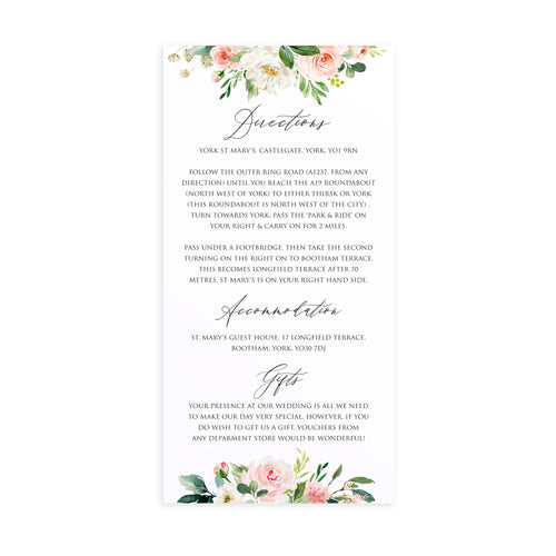 Spring Blush Guest Information Cards, Detail Cards, Slim, Blush Wedding, Pink Flowers, Blush Ivory, Botanical, Modern Invitations, 10 Pack