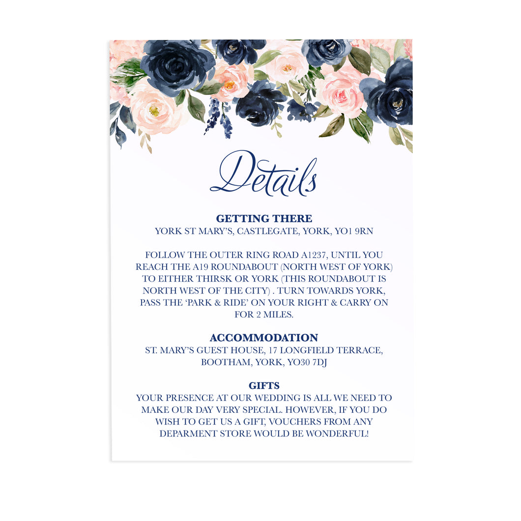 Navy and Blush Guest Information Cards, Detail Cards, Navy Floral, Navy Wedding, Watercolour Flowers, 10 Pack