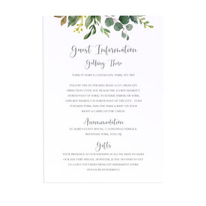 Botanical Garden Guest Information Cards, Detail Cards, Watercolour Foliage, Greenery, Eucalyptus Invites, Green Wreath, Botanical Wedding, 10 Pack