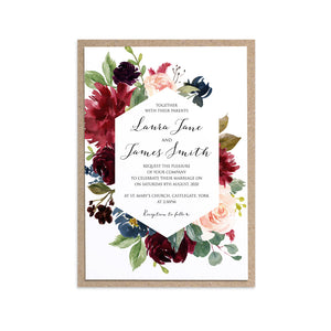 Burgundy, Navy & Blush Floral Wedding Invitations, Geometric, Burgundy Navy Invite, Rustic Floral, Blush Wedding Invite, Boho Floral Wedding Invite, 10 Pack