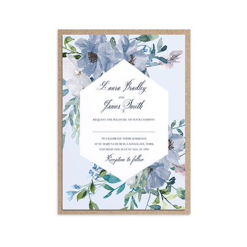 Dusky Blue Floral Wedding Invitations, Geometric Wreath, Blue Floral, Blue Wedding, Navy, Baby Blue, 10 Pack