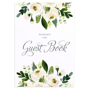 White Wedding Guest Book Sign, Please Sign Our Guest Book Sign, White Floral Watercolour, White Peony, White Rose Invites, Botanical Wedding