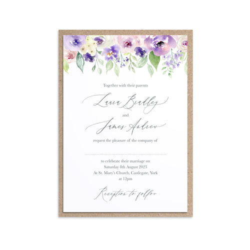 Lilac and Blush Wedding Invitations, Floral Drop, Purple Wedding, Lilac Wedding, Blush, 10 Pack