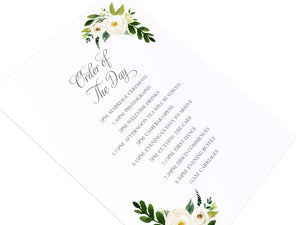 White Wedding Order of The Day Postcards, White Floral Watercolour, White Peony, White Rose Invites, Botanical Wedding, 10 Pack
