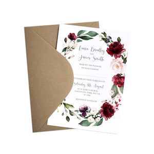 Red and Gold Wedding Invitations, Oval Wreath, Ruby Red, Burgundy, Blush, Red Floral, 10 Pack