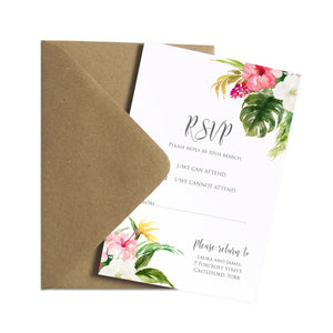 Tropical Floral RSVP Cards, Beach Wedding, Tropical Wedding, 10 Pack