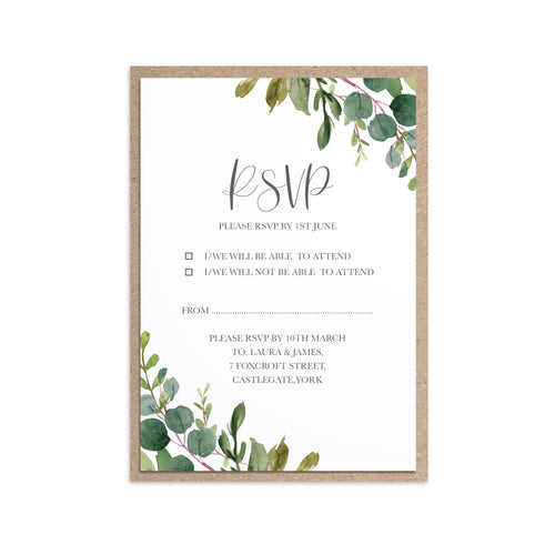 Botanical Garden RSVP Cards, Watercolour Foliage, Greenery, Eucalyptus, Botanical Wedding, 10 Pack