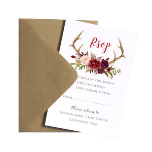 Boho Floral Antler RSVP Cards, Rustic Wedding Invitation, Floral Wedding Invitation, Red Rose, Rustic Country, 10 Pack