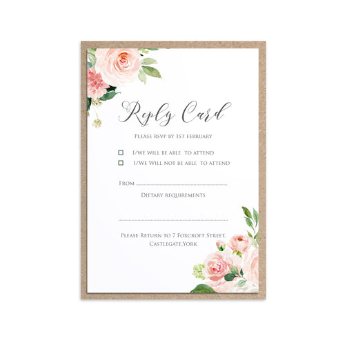 Blush and Gold RSVP Cards, Pink Watercolour flowers, Blush Wedding, 10 Pack