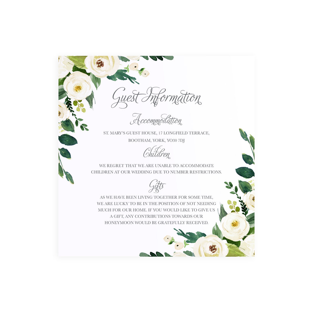 White Wedding Guest Information Cards, Detail Cards, Square, White Floral Watercolour, White Peony, White Rose Invites, Botanical Wedding, 10 Pack