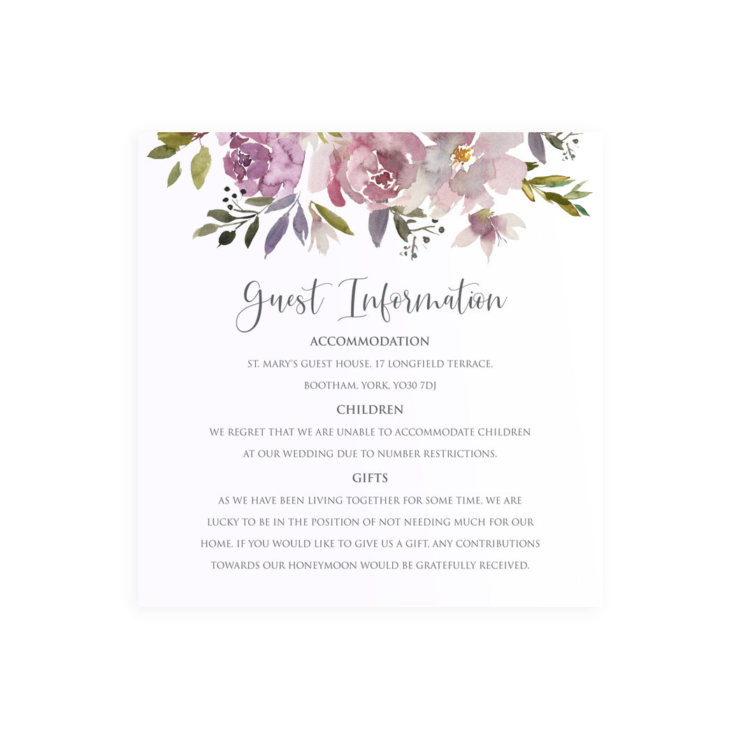 Dusty Rose Wedding Guest Information Cards, Detail Cards, Square, Mauve, Dusky Pink, Pink Rose, Blush Wedding, 10 Pack