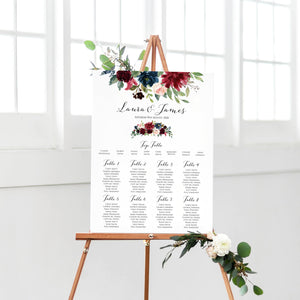 Burgundy, Navy & Blush Floral Table Plan, Seating Plan, Rustic Wedding Invitation, Floral Wedding Invitation, Red Rose, Rustic Country, A2 Size