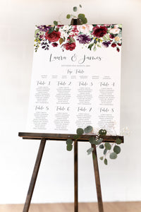 Red and Gold Table Plan, Seating Plan, Seating Chart, Ruby Red, Burgundy, Blush, Red Floral, A2 Size