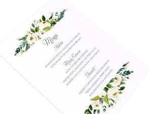 White Wedding Wedding Menu, White Floral Watercolour, White Peony, White Rose Invites, Botanical Wedding, 5 Pack