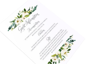 White Wedding Guest Information Cards, Detail Cards, White Floral Watercolour, White Peony, White Rose Invites, Botanical Wedding, 10 Pack