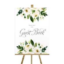 White Wedding Guest Book Sign, Please Sign Our Guest Book Sign, White Floral Watercolour, White Peony, White Rose Invites, Botanical Wedding