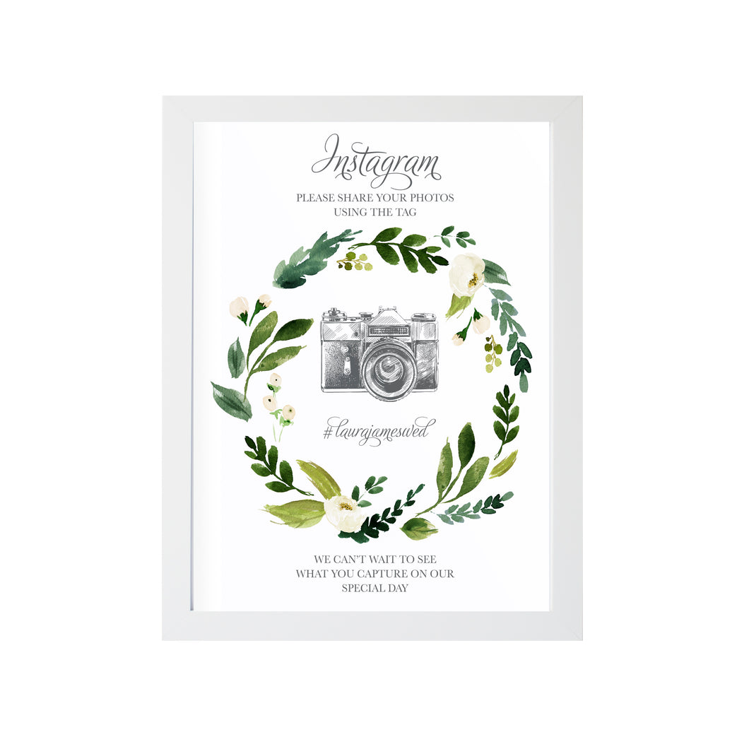 White Wedding Instagram Sign, White Floral Watercolour, White Peony, White Rose Invites, Botanical Wedding, 8x10 Size
