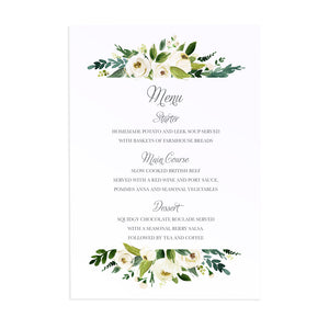 White Wedding Wedding Menu, White Floral Watercolour, White Peony, White Rose Invites, Botanical Wedding, 5 Pack