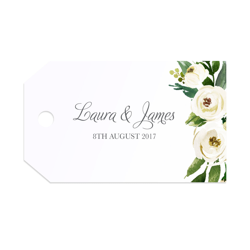 White Wedding Tags & Twine, White Floral Watercolour, White Peony, White Rose Invites, Botanical Wedding, 10 Pack