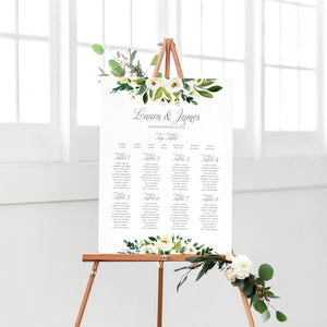White Wedding Table Plan, Seating Plan, White Floral Watercolour, White Peony, White Rose Invites, Botanical Wedding, A2 Size