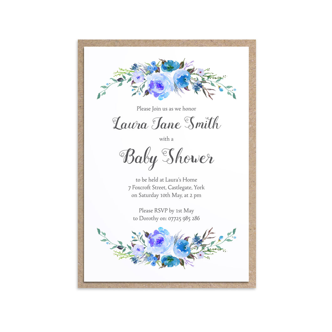 Watercolour Flower Baby Shower Invitations, Blue Floral, Blue Baby Shower, Blue Flowers, 10 Pack